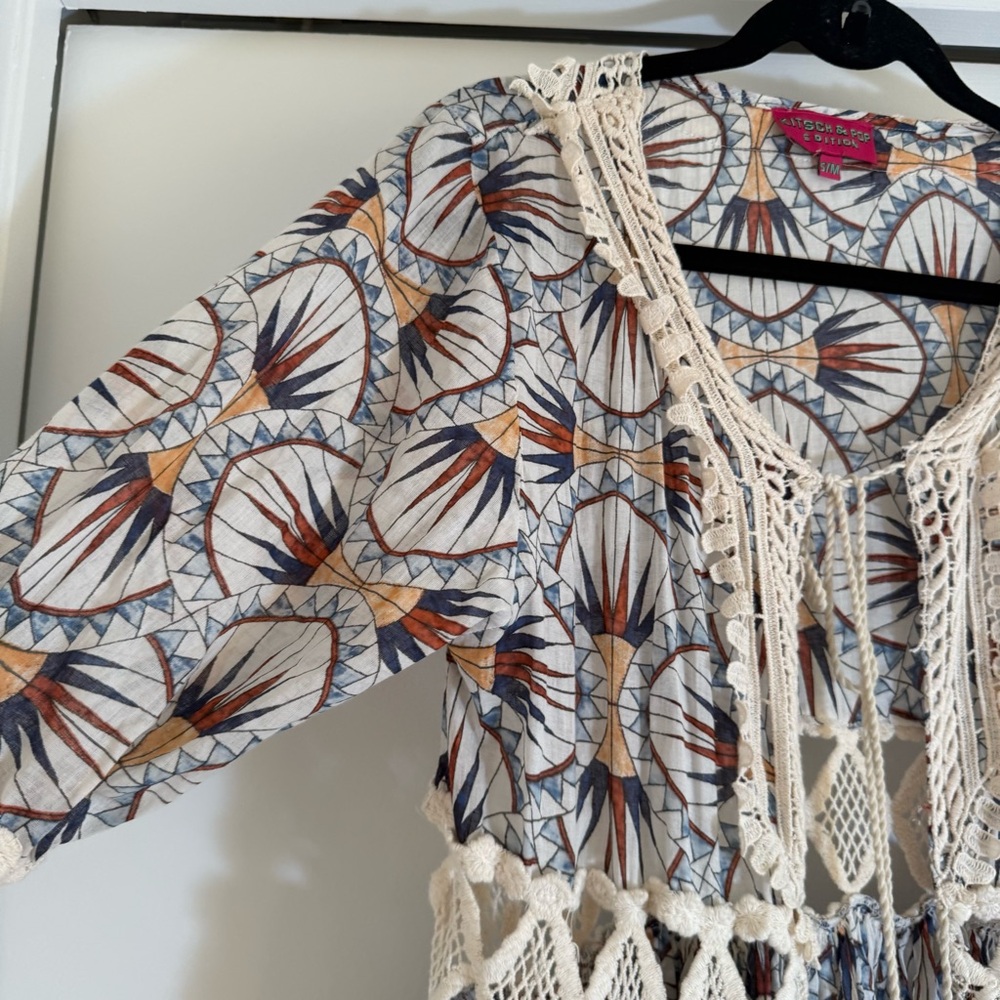 Kitsch & Pop Anthro Boho Tie Front Crochet Layered Long Tunic/Dress Festival S/M - Picture 5 of 16
